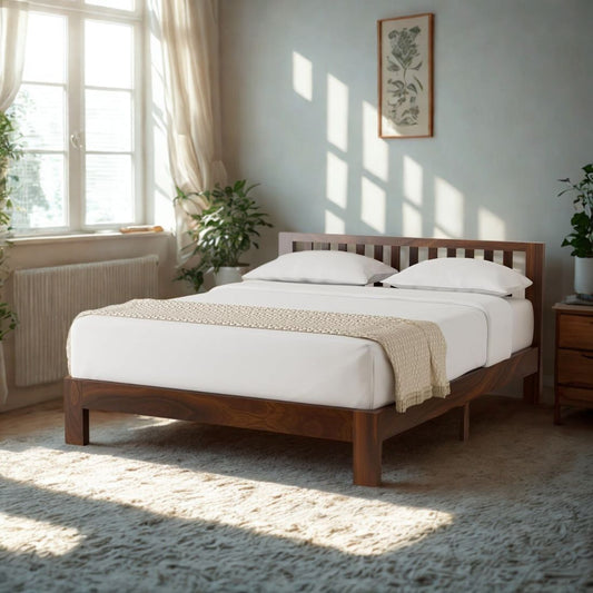 "The Serenity Sleep" Solid Sheesham Wood Platform Bed Frame with Slatted Headboard - Modern Minimalist Design